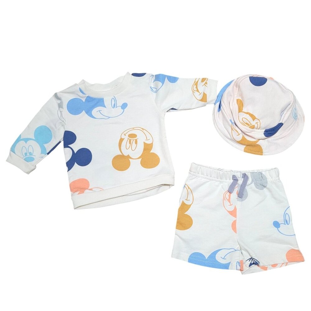 Disney Mickey Mouse  3-6 Mo Clothing Set Long Sleeve Sweatshirt‎ Shorts Hat Baby